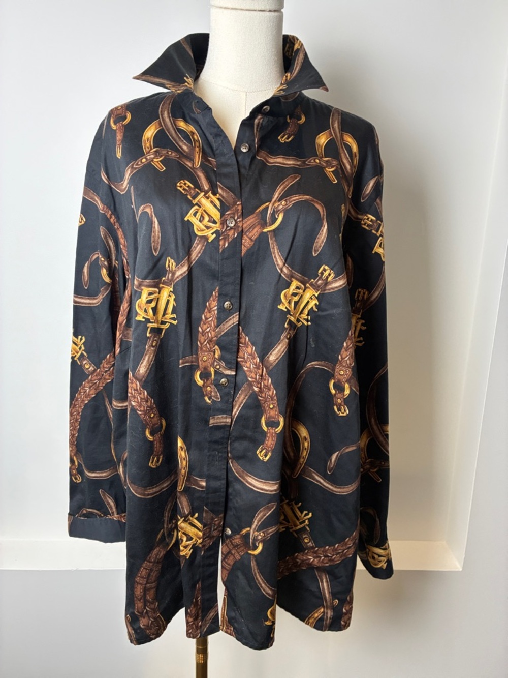 Lauren Ralph Lauren Black Button-Up Blouse with equestrian Print